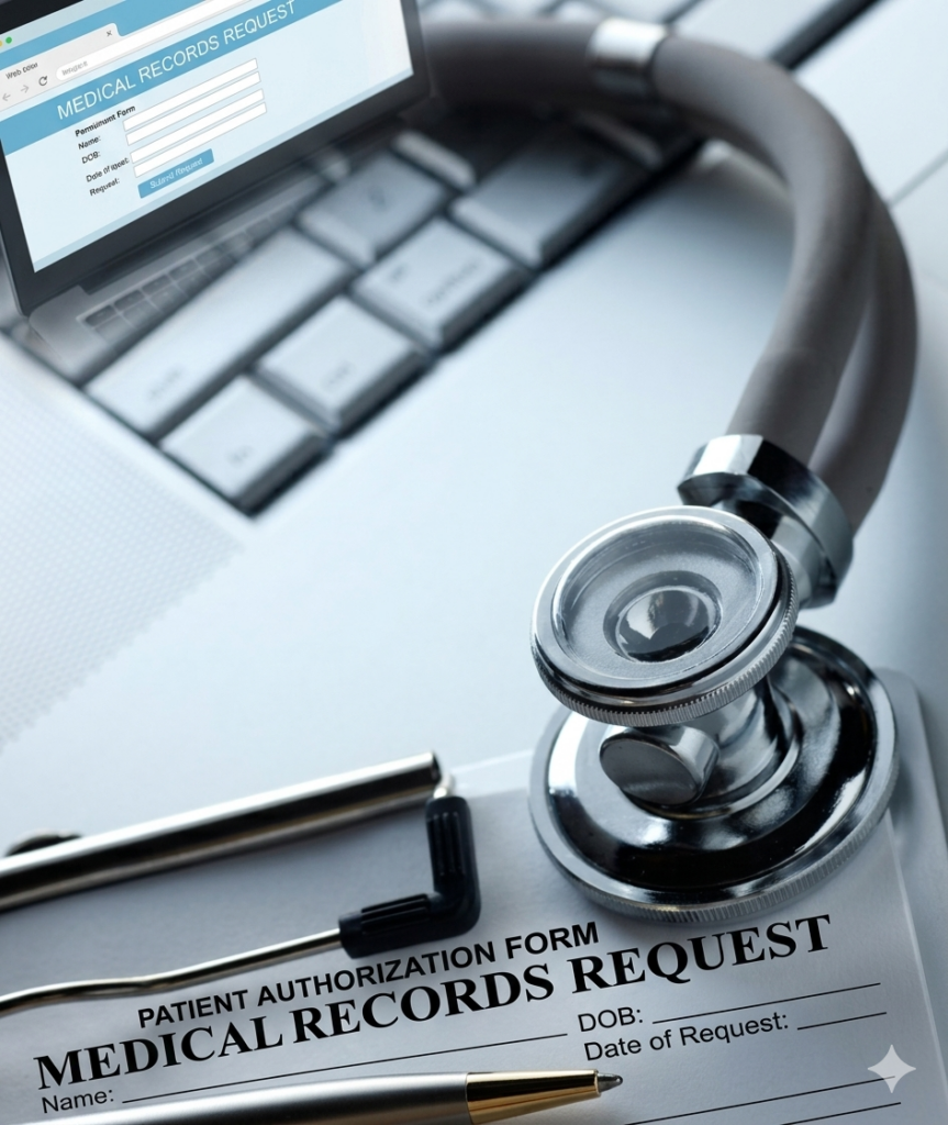 Professional medical setting featuring a stethoscope resting on a clipboard with a 'Medical Records Request' form, alongside a laptop displaying an electronic medical records request portal